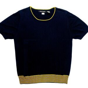 Evelyn & Arthur Knit Top Womens Medium Navy Short Sleeve Blouse Strip Crewneck